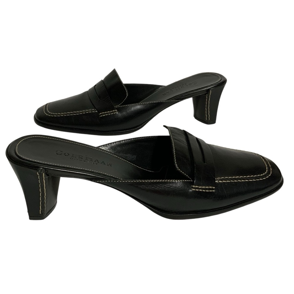 COLE HAAN Black Leather Penny Loafer Slip On Mules 2 Inch Heels Size 8.5